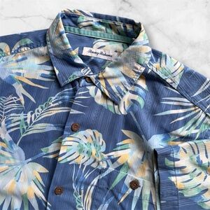 Tommy Bahama Blue Tropical Palm Monstera Silk Hawaiian Button Down Shirt medium